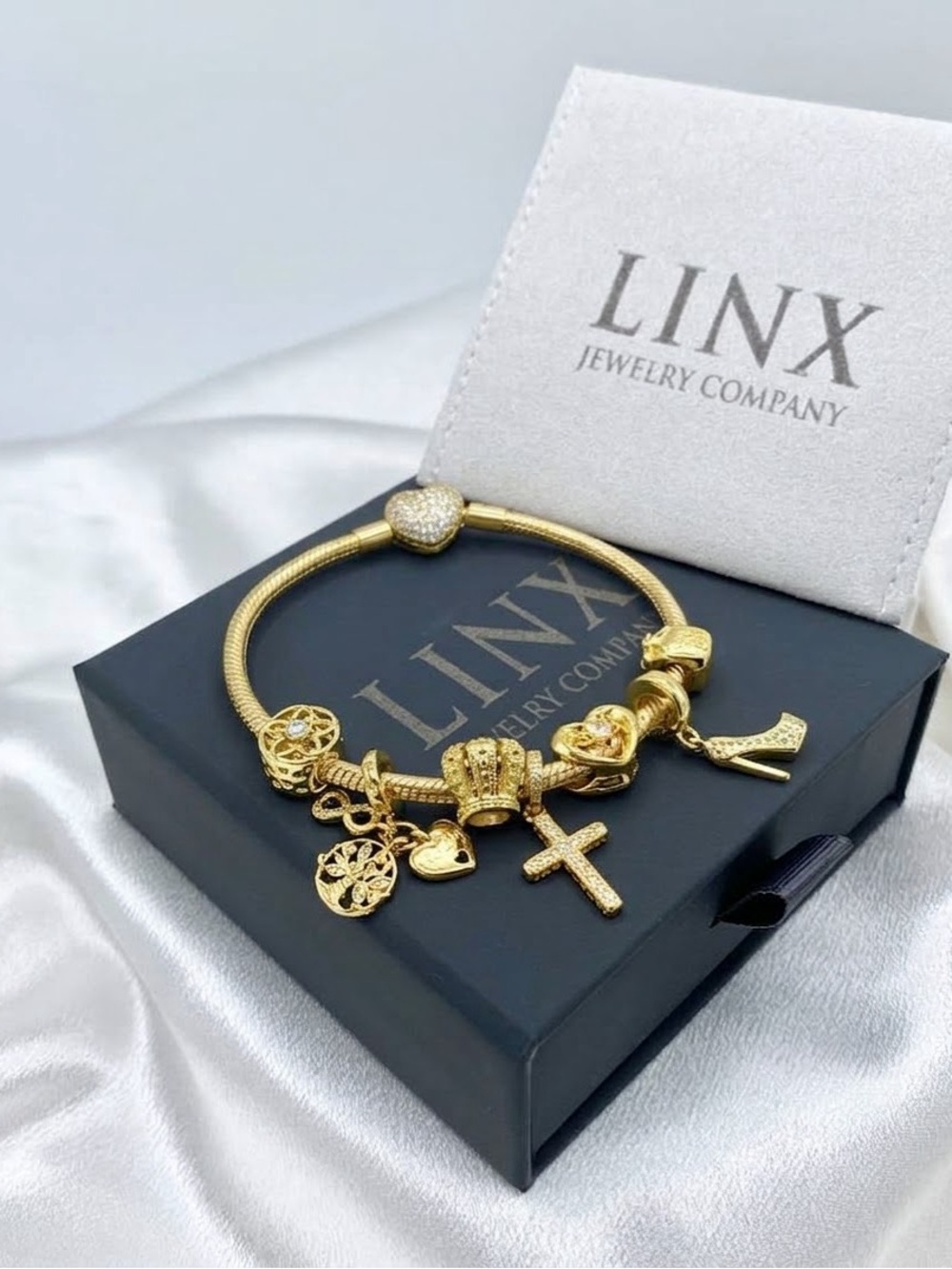 Linx Gold Snake Chain Charm Bracelet & Religious Prosperity Family Themed Charms